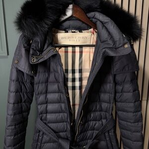 Burberry Brit woman Black Fur hooded quilted belted long sleeve